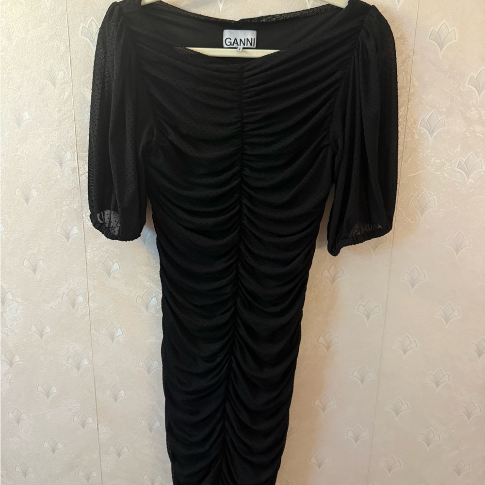 Ganni Elegant Black Ruched Long Sleeve Dress